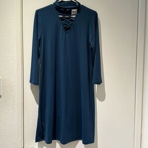 NeimanMarcus 3/4 Sleeve Dress, low turtle nk opening, NWT, Sz 10, Blue, Stretch